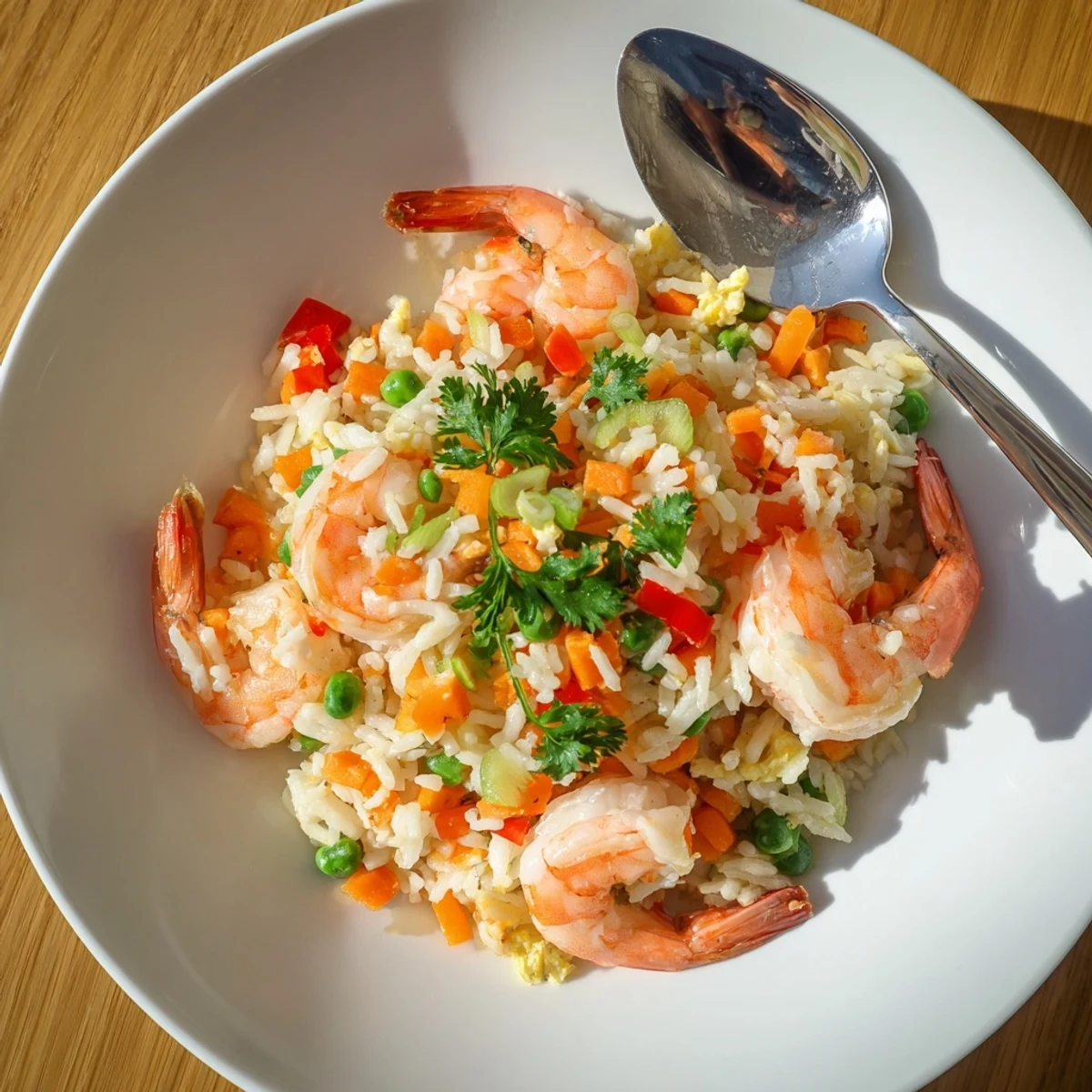 Vibrant sweet chilli fried rice studded with vegetables and finished with tender lemon garlic prawns