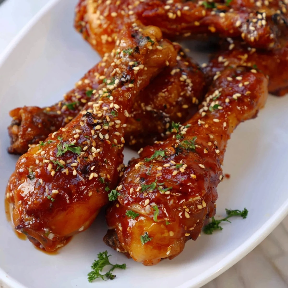 Golden honey garlic baked chicken drumsticks with sticky caramelized glaze and sesame seeds