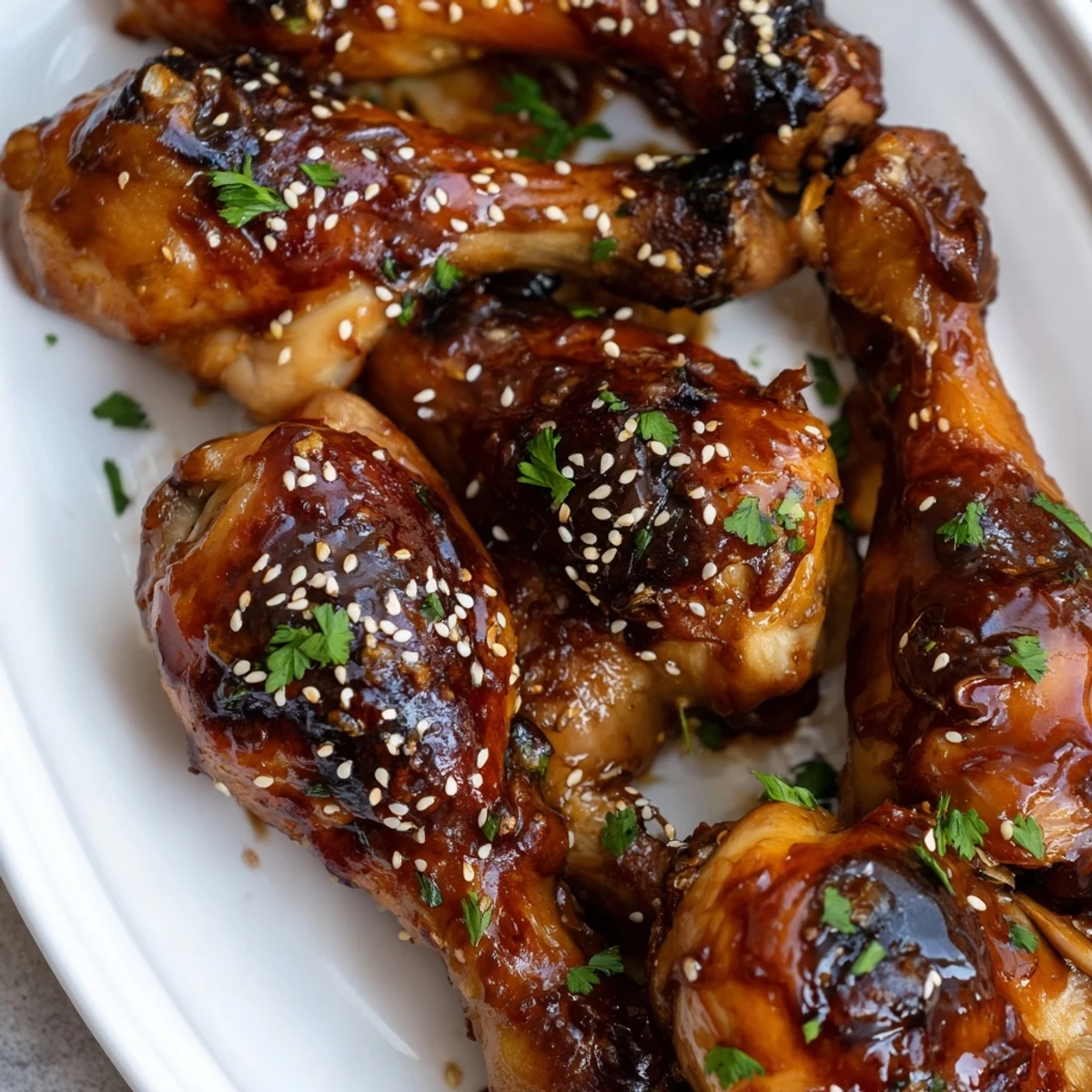 Tender baked chicken drumsticks coated in sweet honey garlic sauce with fresh parsley garnish