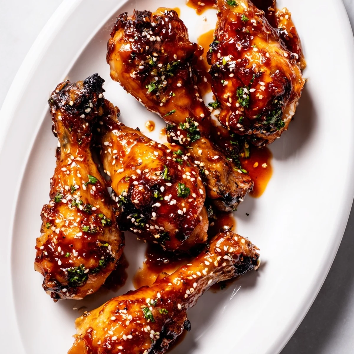 Oven-baked chicken drumsticks with glossy honey garlic glaze served on white platter