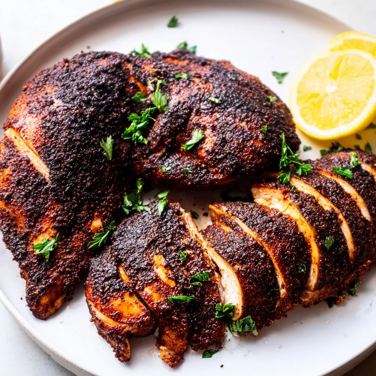 Cast iron skillet sizzling with spiced blackened chicken breasts fresh from cooking