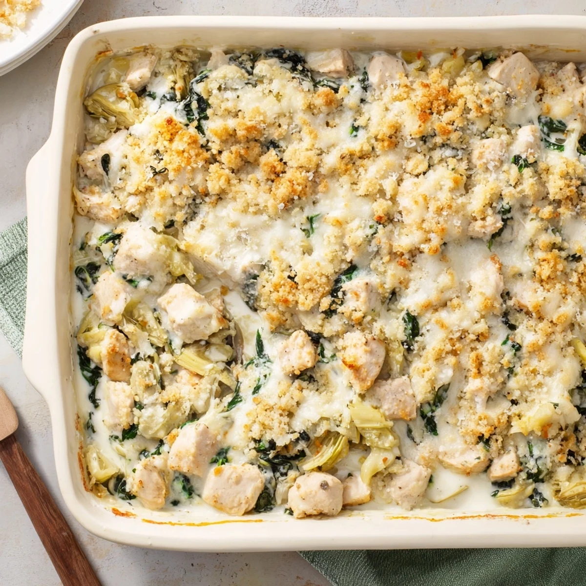Golden brown spinach and artichoke chicken casserole with melted cheese bubbling under crispy panko topping