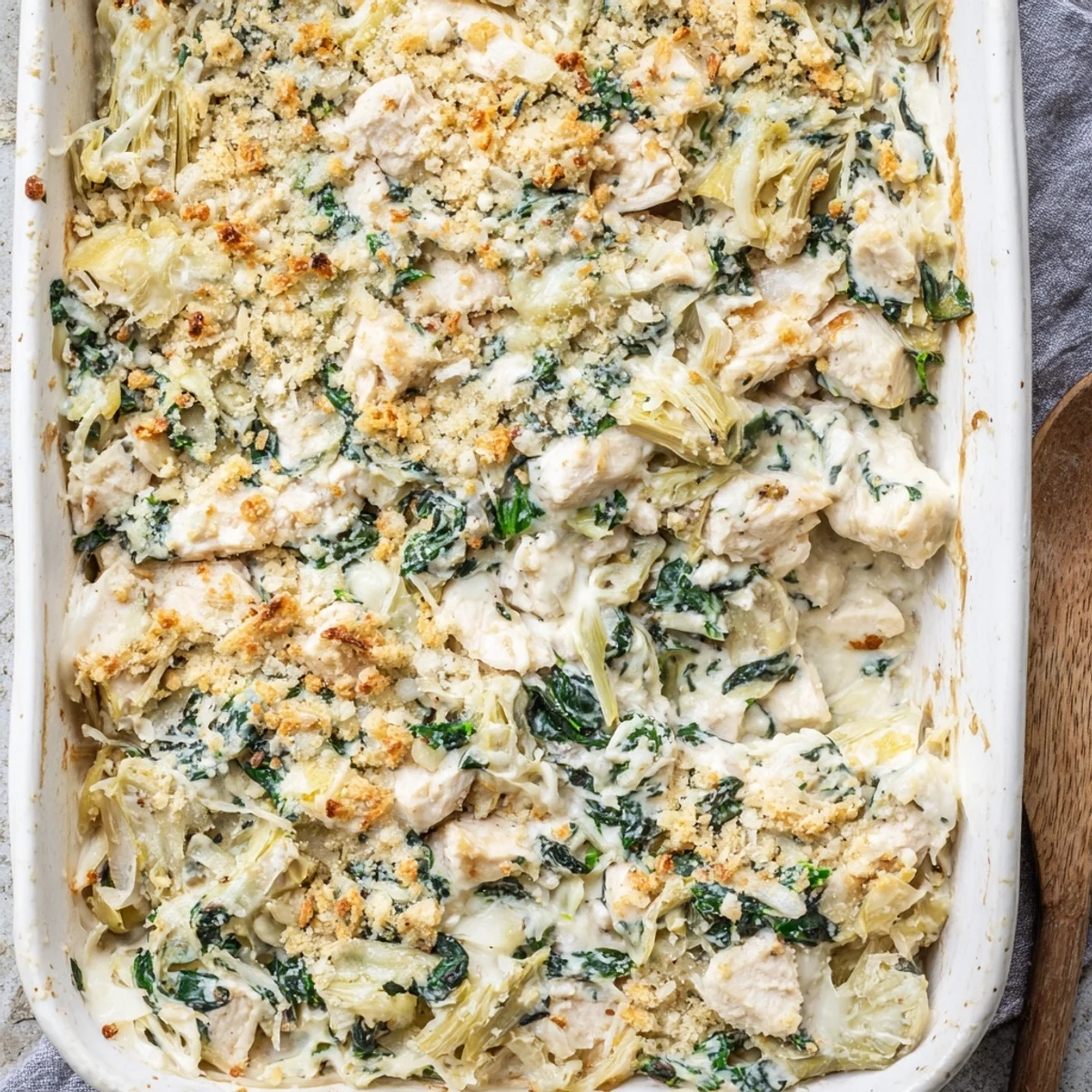 Baked chicken casserole with spinach and artichokes in a creamy cheese sauce topped with golden brown breadcrumbs