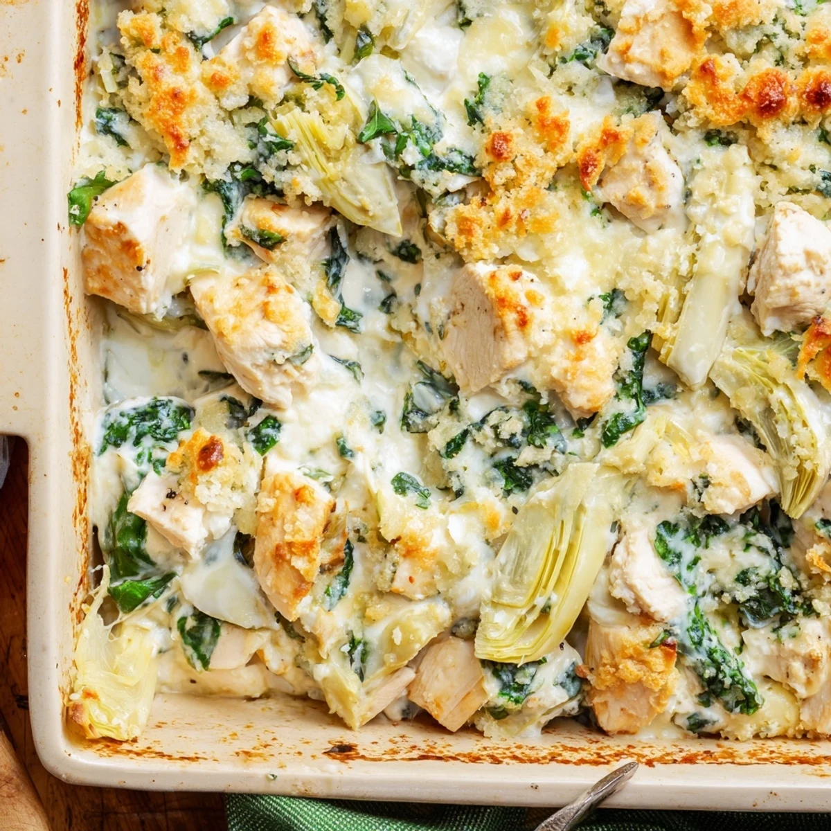 Creamy high protein casserole featuring tender chicken chunks, spinach, and artichokes baked until bubbly and golden