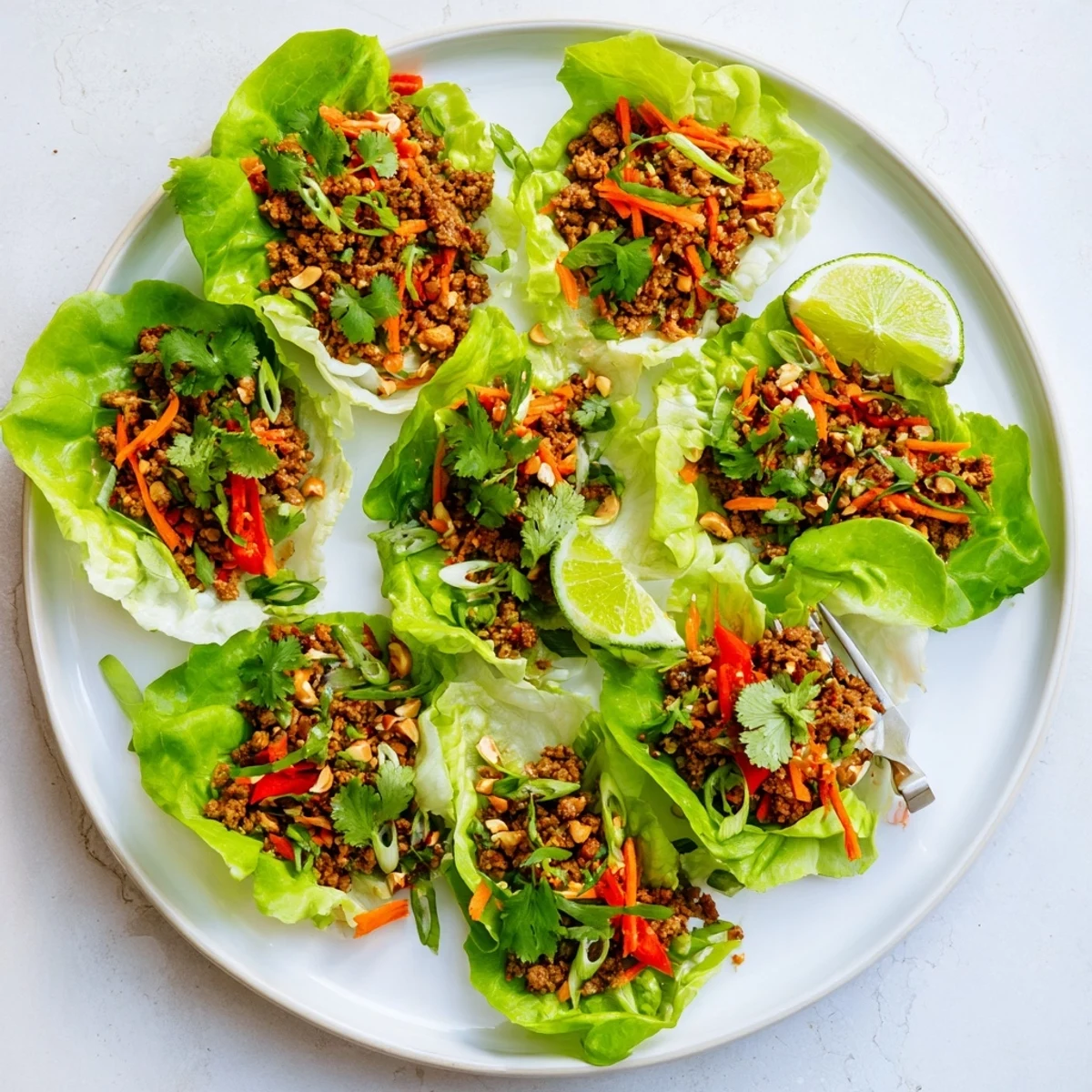 Golden seasoned ground beef with crunchy cashews spooned into crisp green lettuce cups