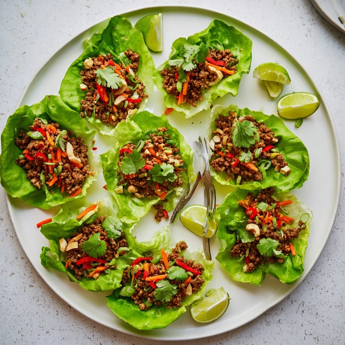 Fresh lettuce cups filled with savory beef and cashew mixture topped with cilantro