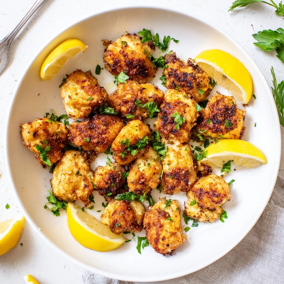 Golden air fryer lemon chicken bites arranged on a white serving plate with fresh parsley garnish and lemon wedges on the side