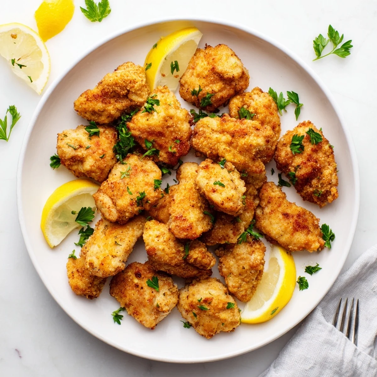 Crispy tender chicken pieces seasoned with lemon garlic herbs cooked in air fryer basket until golden brown and perfectly juicy