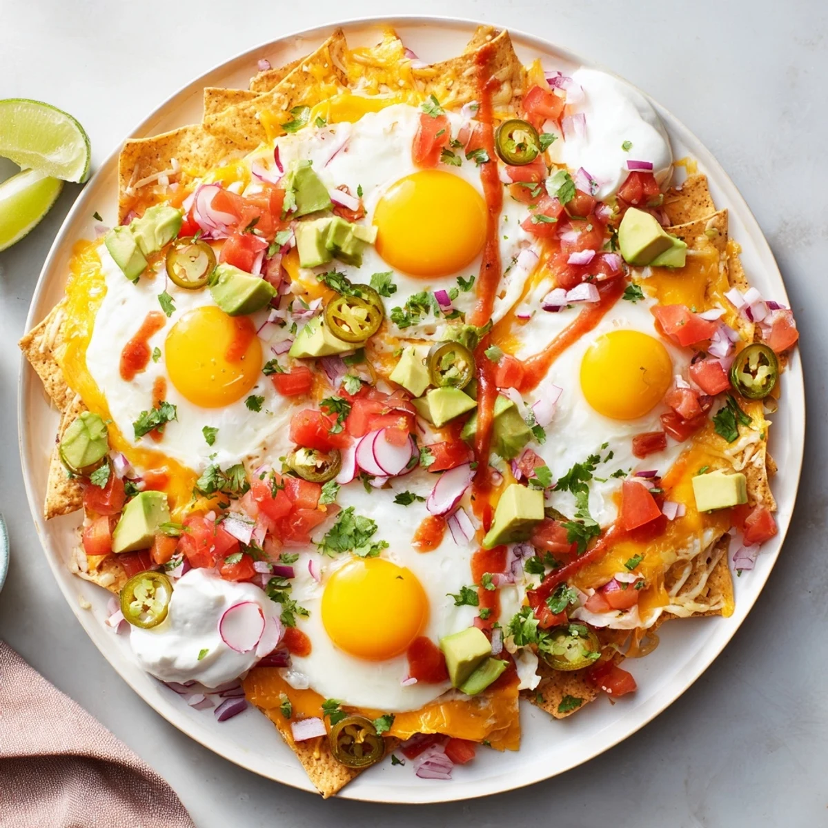 Crispy tortilla chips topped with melted cheese, sunny-side up eggs, fresh salsa, and creamy avocado for Mexican egg nachos