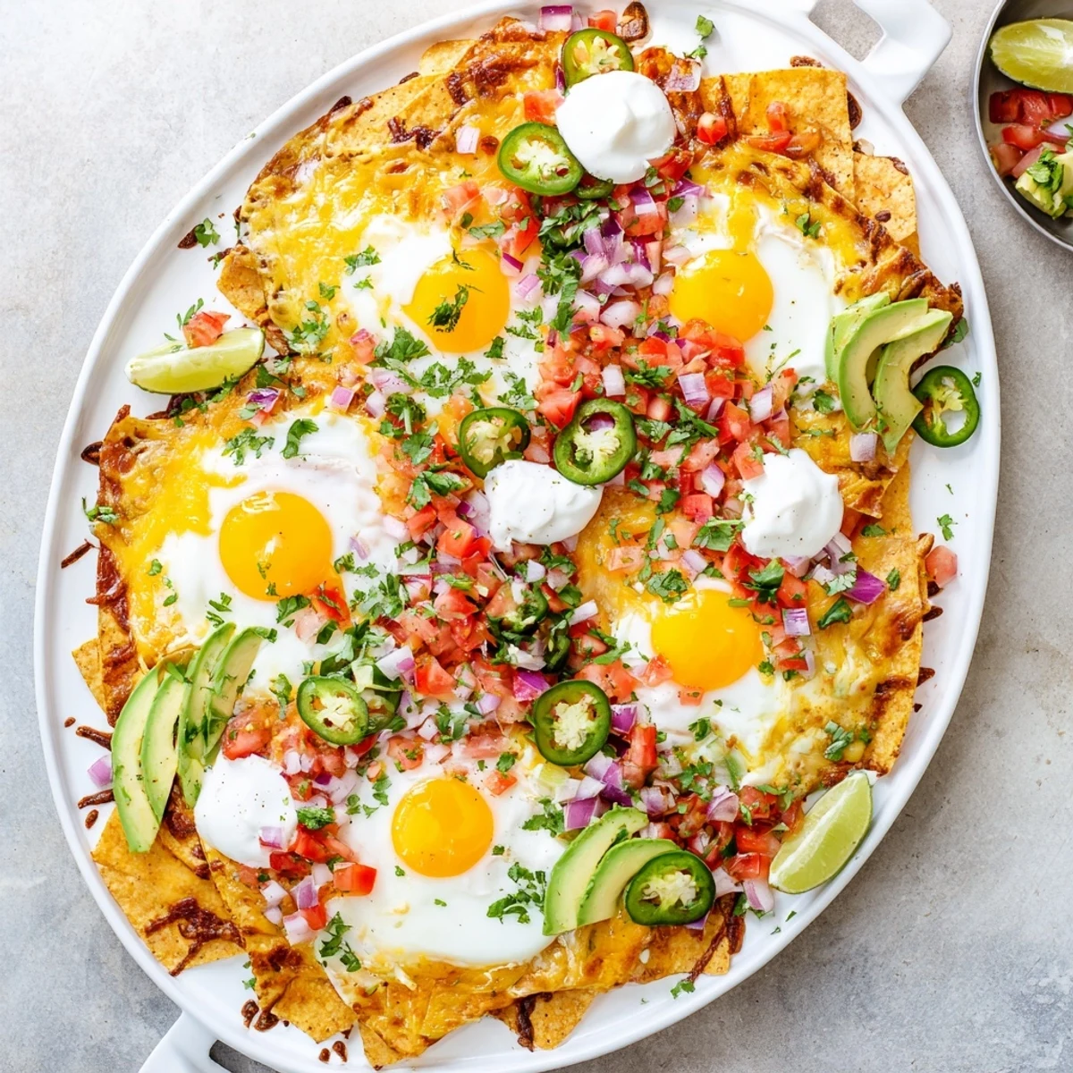 Golden fried eggs nestled over cheesy tortilla chips with vibrant tomatoes, cilantro, zesty jalapeños, and dollops of sour cream