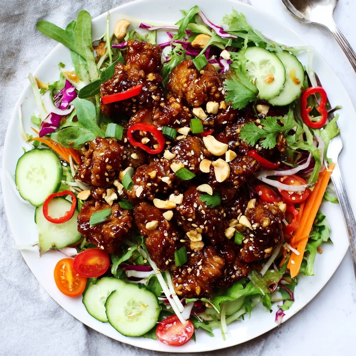 Golden crispy sweet and sour pork belly salad with fresh greens and colorful vegetables