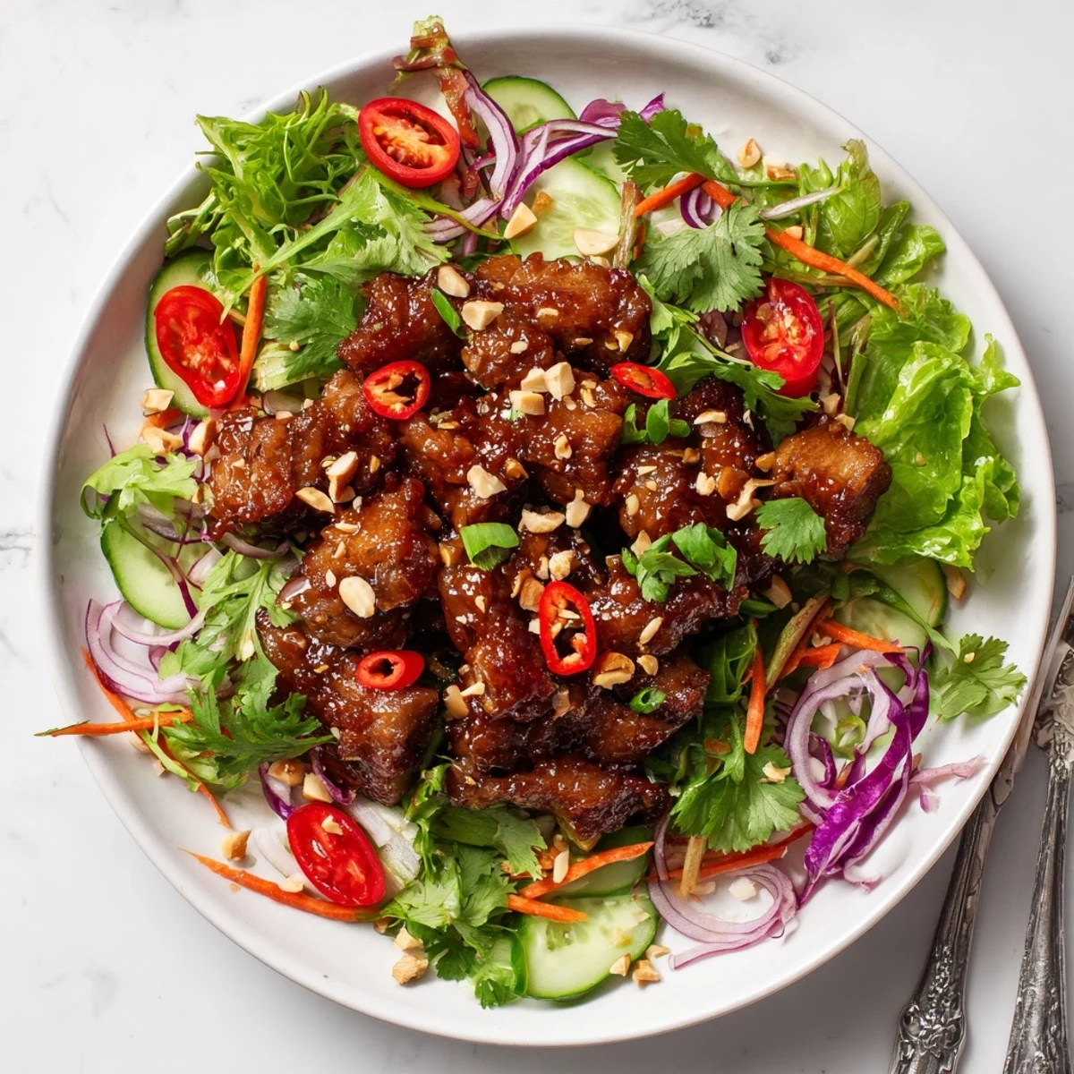 Crispy pork belly pieces in tangy sweet and sour sauce served over mixed salad greens