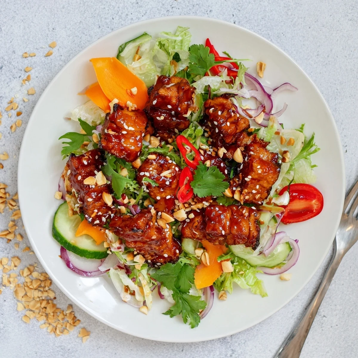 Vibrant salad featuring glazed pork belly tossed with crisp vegetables and fragrant herbs