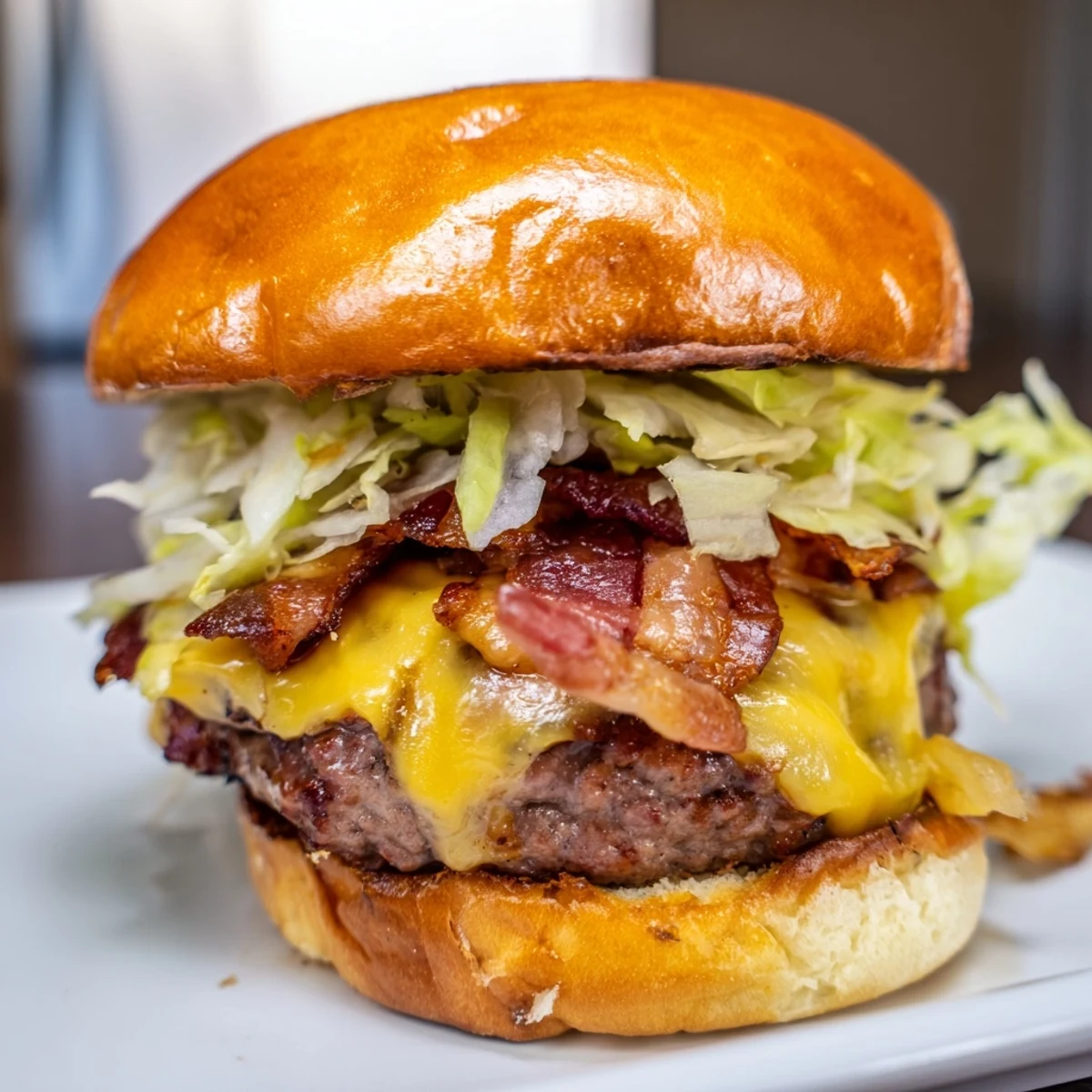 Juicy crack burger stacked with crispy bacon, melted cheddar, and tangy ranch mayo sauce on toasted brioche bun
