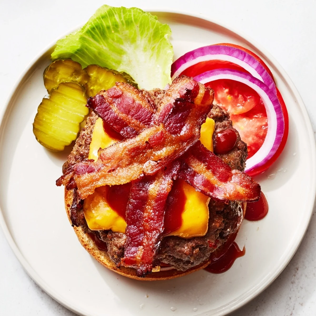Hearty BBQ bacon burger with melted cheddar, crispy bacon strips, and tangy barbecue sauce on a toasted brioche bun