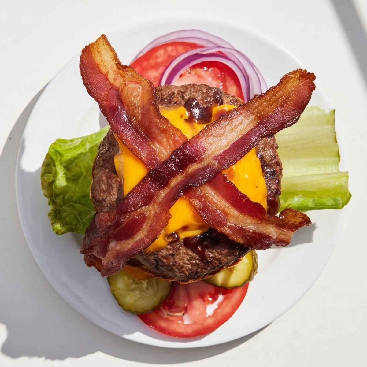 Juicy BBQ bacon burger stacked high with fresh lettuce, tomato, red onion, and pickles on a golden bun