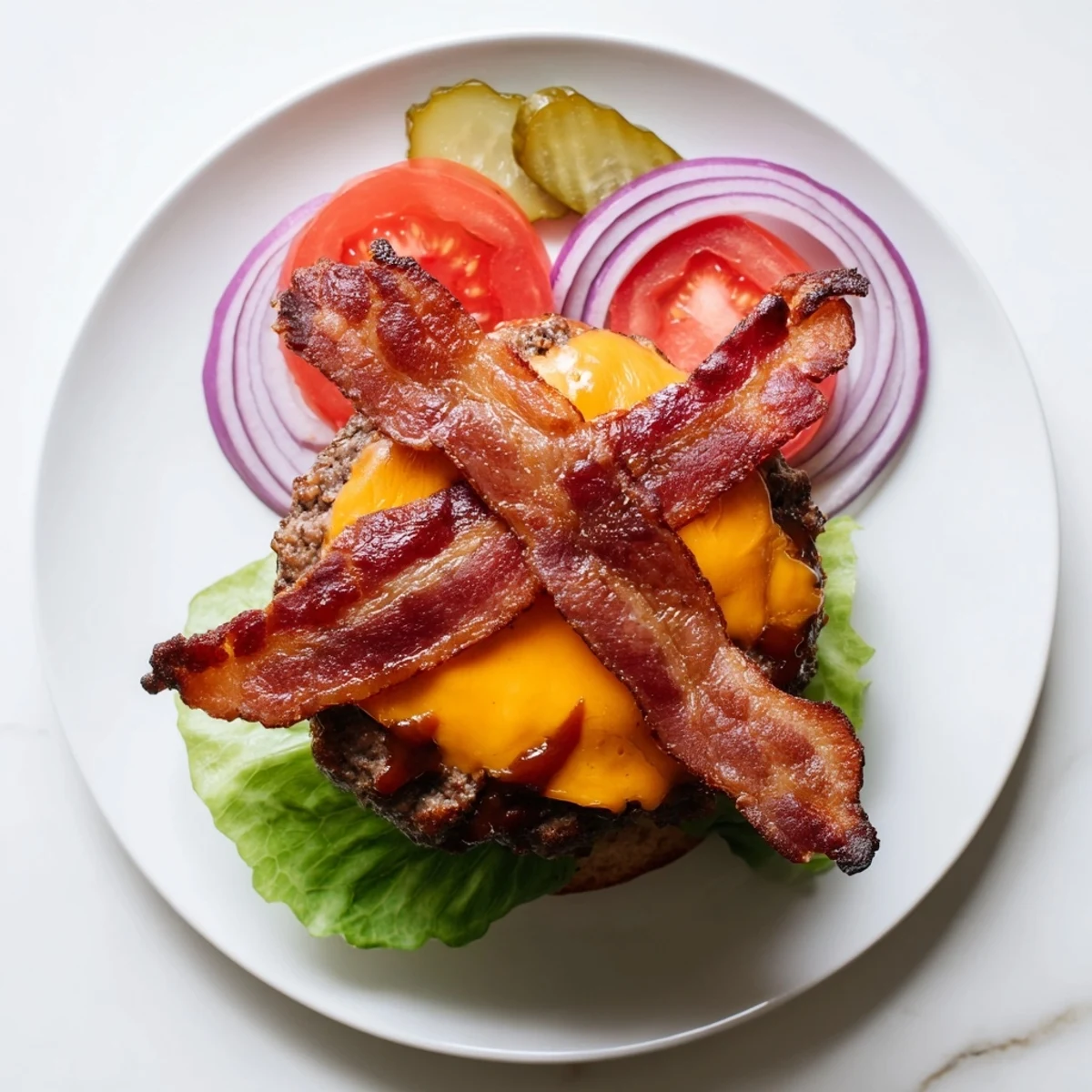 Homemade BBQ bacon burger featuring a cheesy beef patty topped with smoky bacon and drizzled with rich barbecue sauce