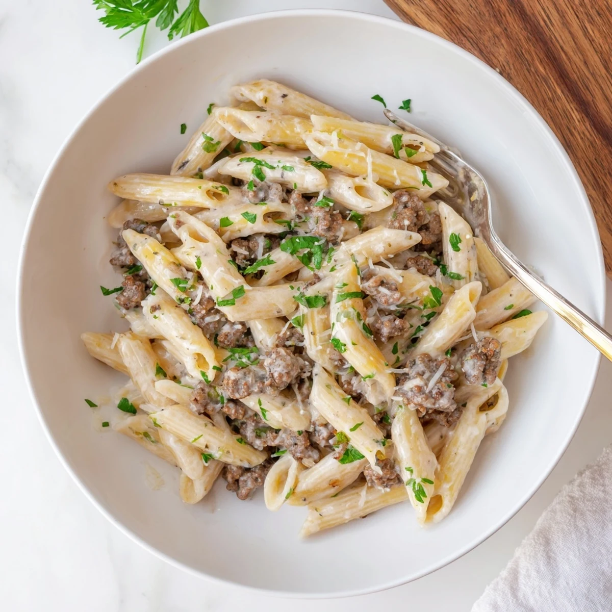 Golden creamy beef pasta twirled on a white plate with fresh parsley garnish