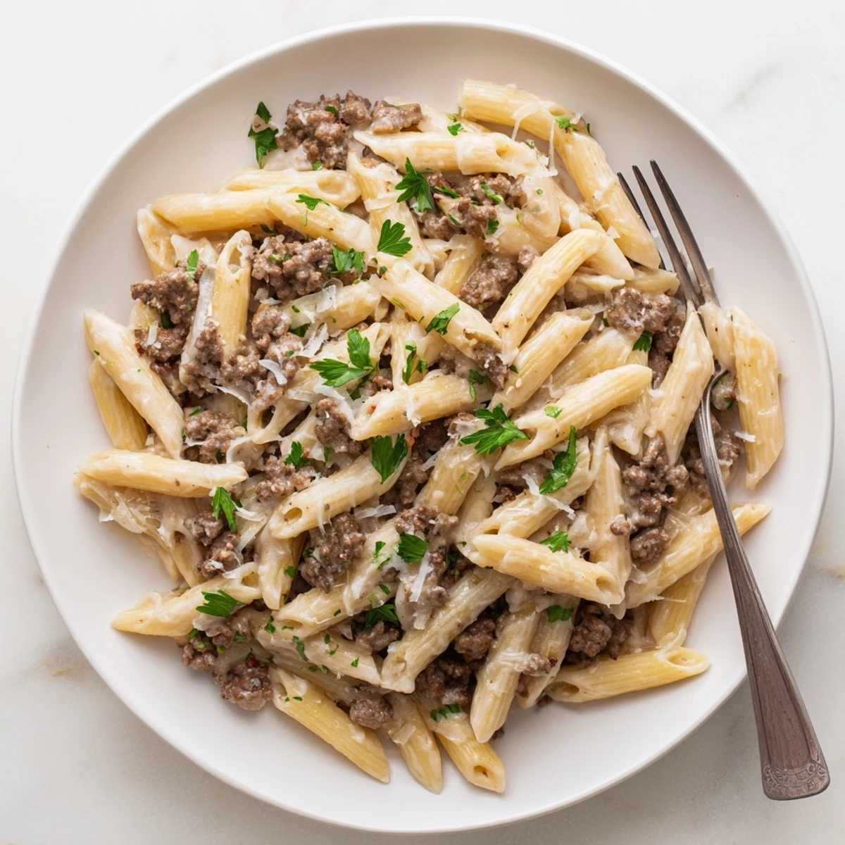 Close-up of tender penne tossed with savory beef and velvety garlic cream sauce