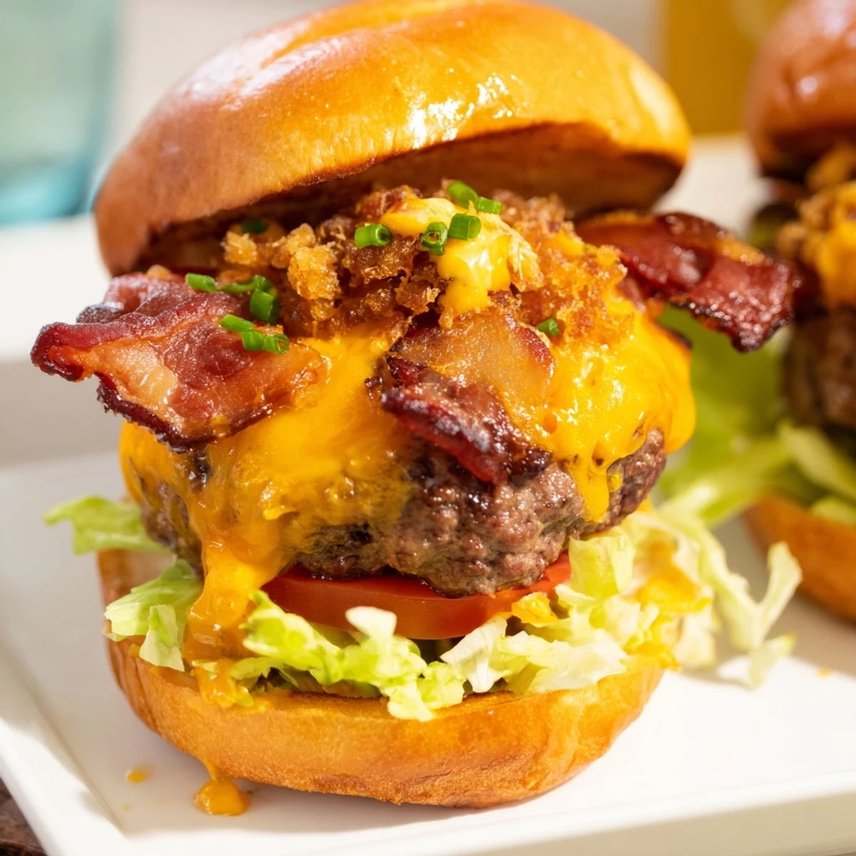 Juicy Crack Burger stacked high with crispy bacon, fresh vegetables, and homemade cheesy crack sauce