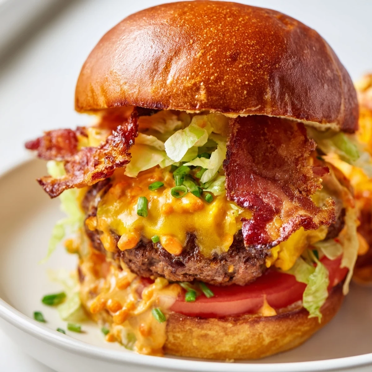 Golden Crack Burger with melted cheddar, crispy bacon, and creamy ranch sauce on toasted brioche