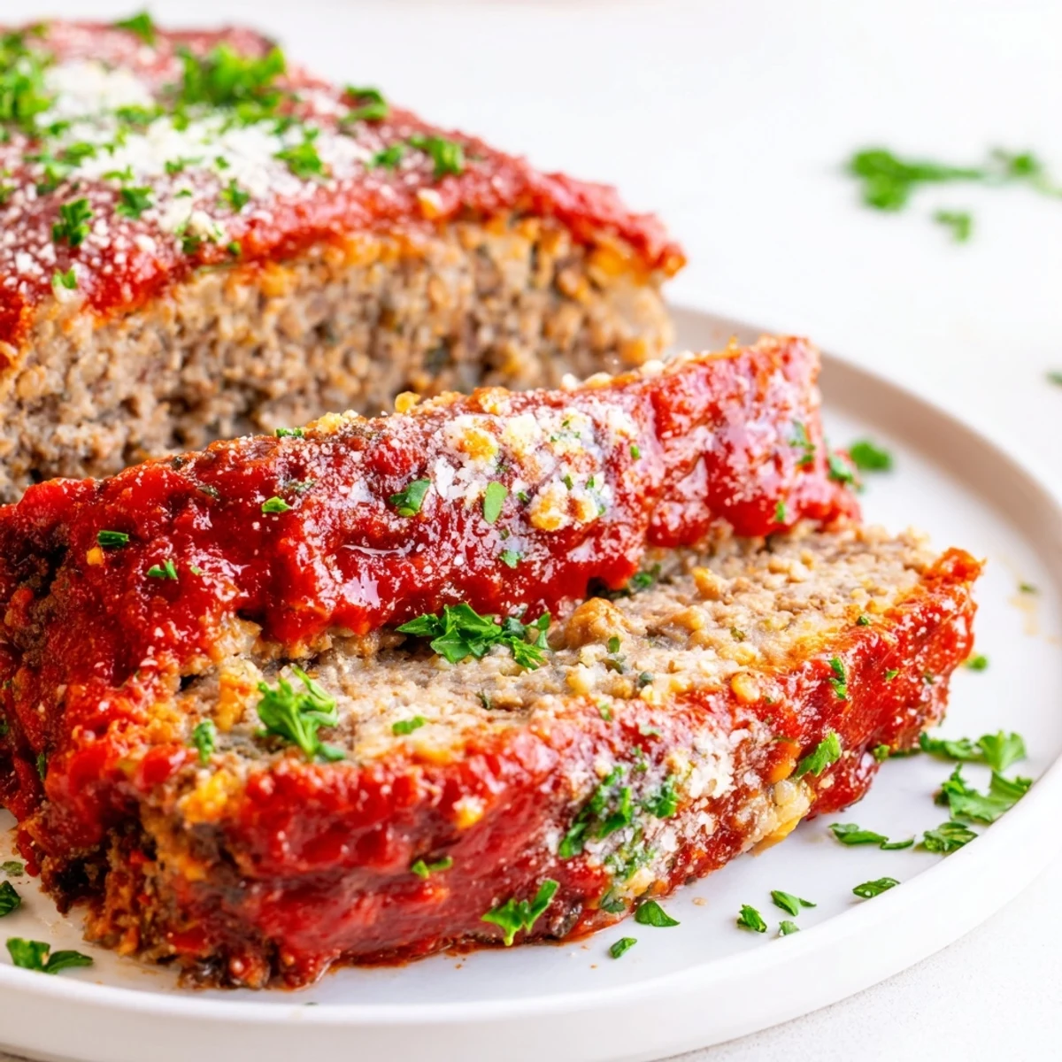 Sliced garlic parmesan meatloaf glazed with tomato sauce and sprinkled with grated cheese