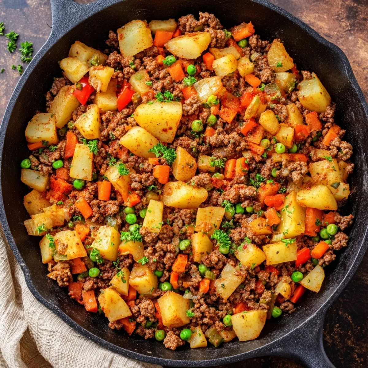 Hearty one pan ground beef and potatoes dinner featuring tender carrots, bell peppers, and green peas