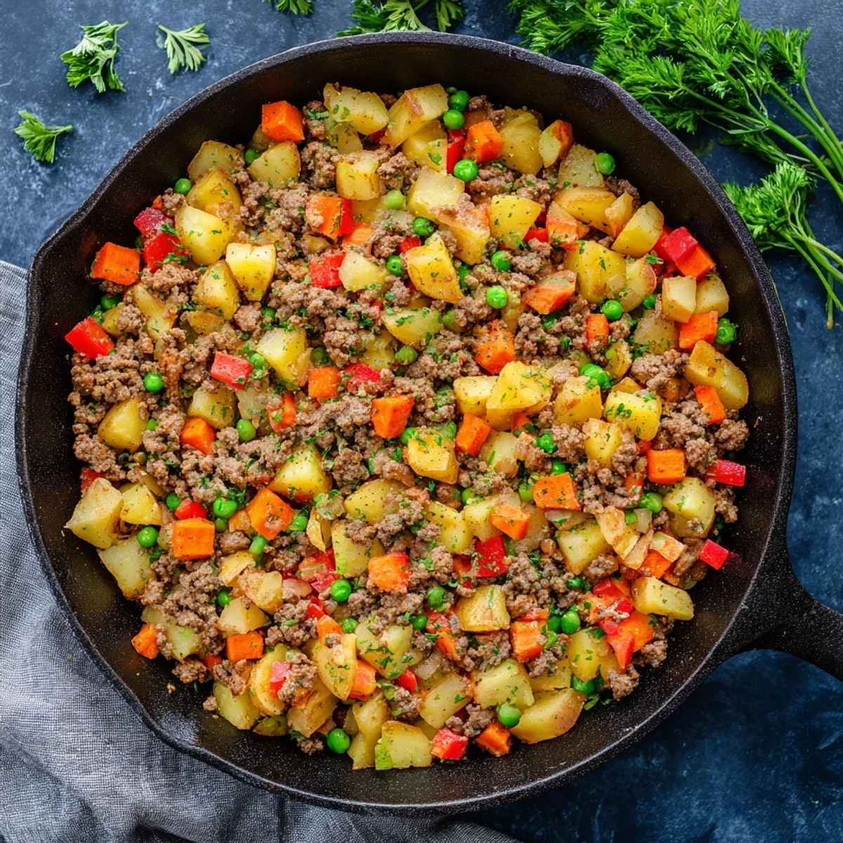 Golden skillet of one pan ground beef and potatoes with colorful vegetables and fresh parsley garnish