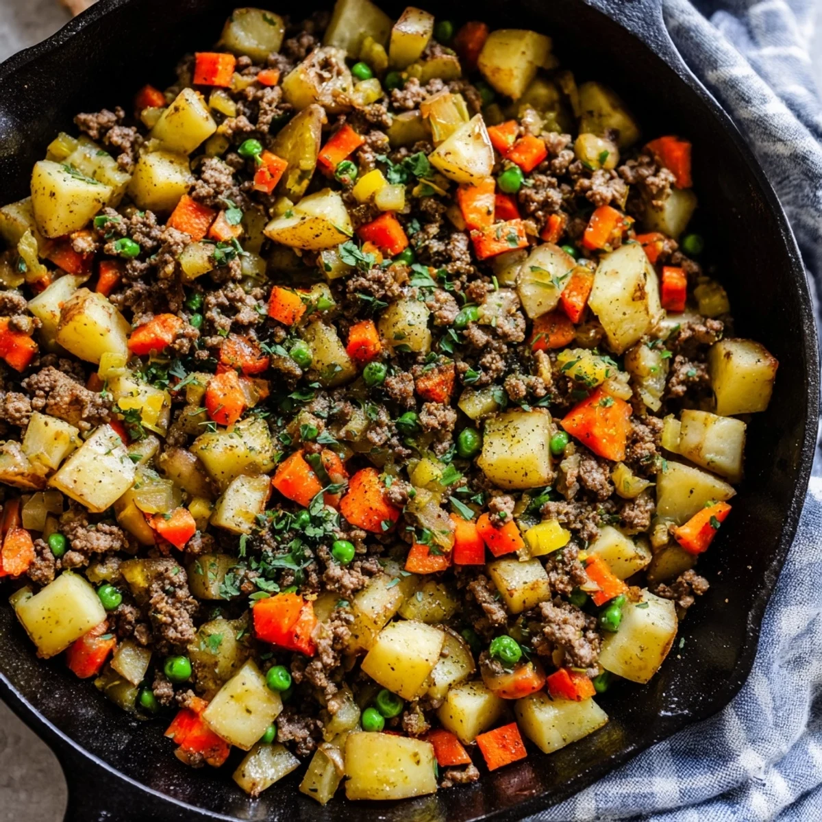 Comforting one pan ground beef and potatoes skillet meal served hot with rustic texture and savory aroma