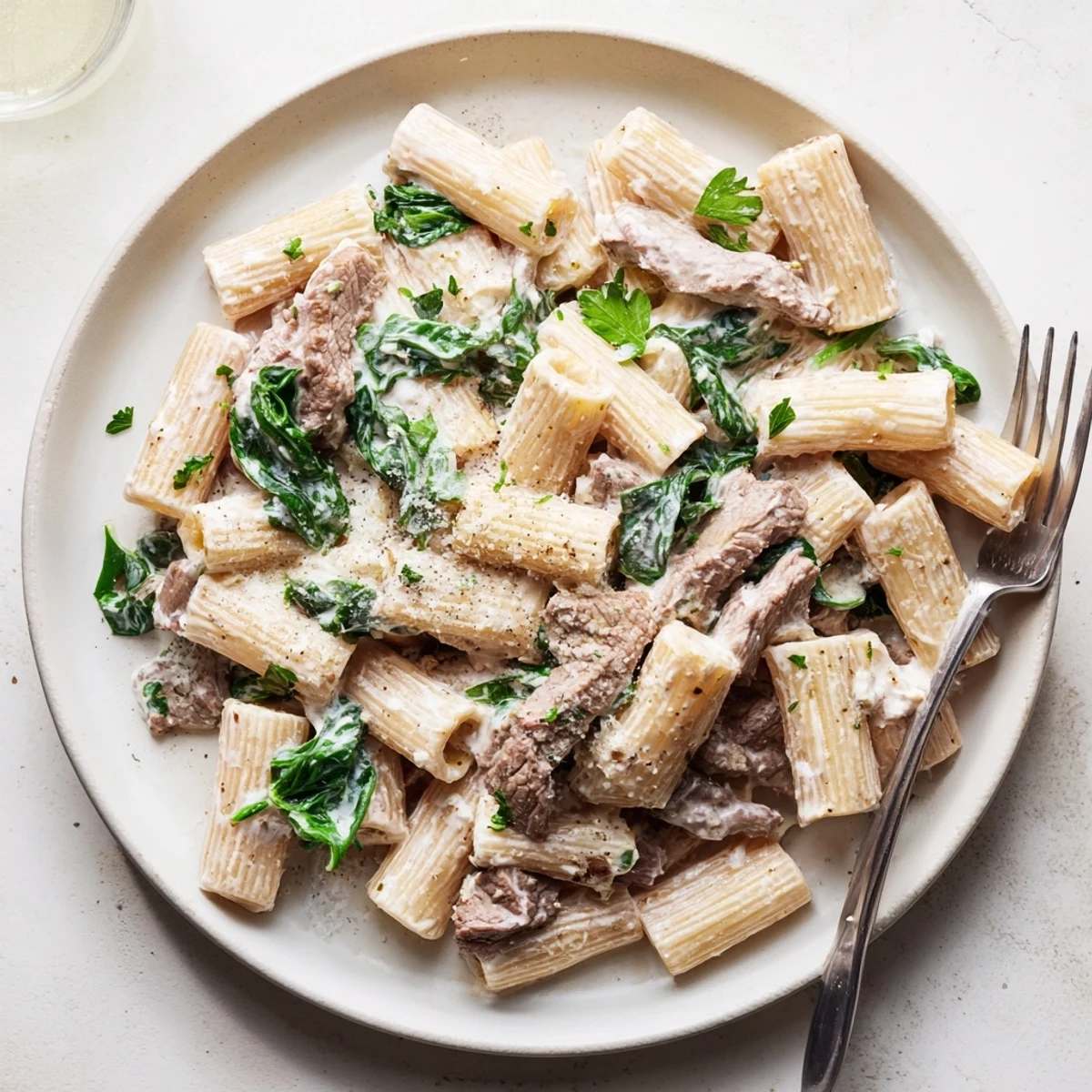 Creamy high protein beef pasta topped with tender beef slices and parmesan in a white bowl