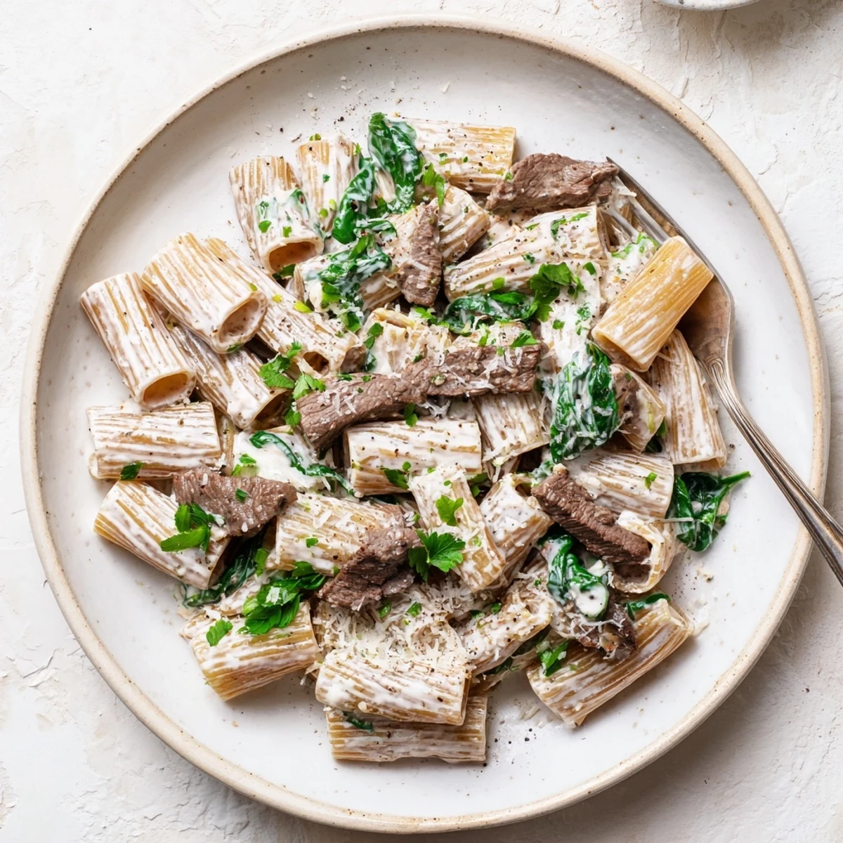 Savory creamy high protein beef pasta served with fresh parsley garnish on a rustic wooden table