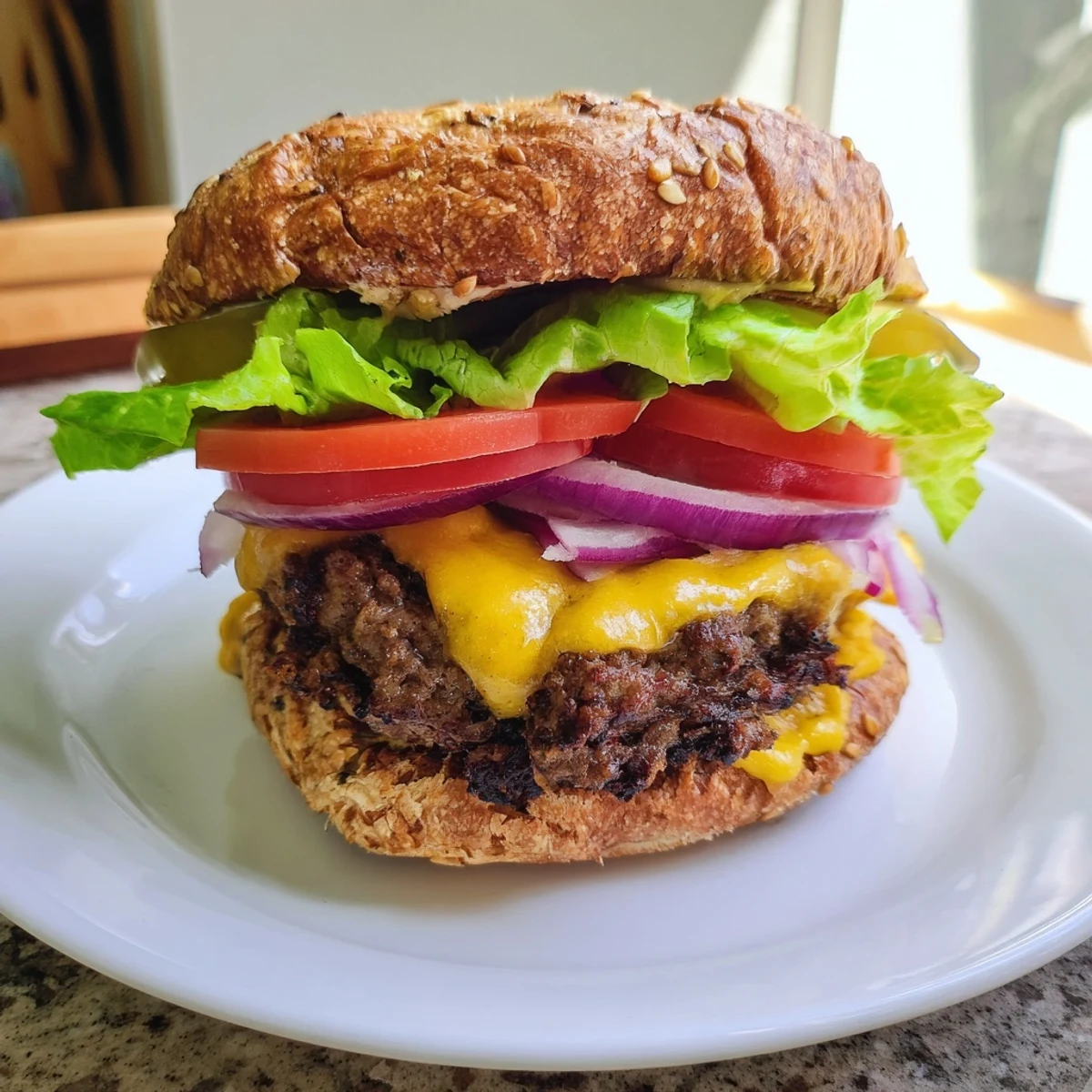 Juicy homemade smash burger stacked with fresh lettuce tomato and red onion slices