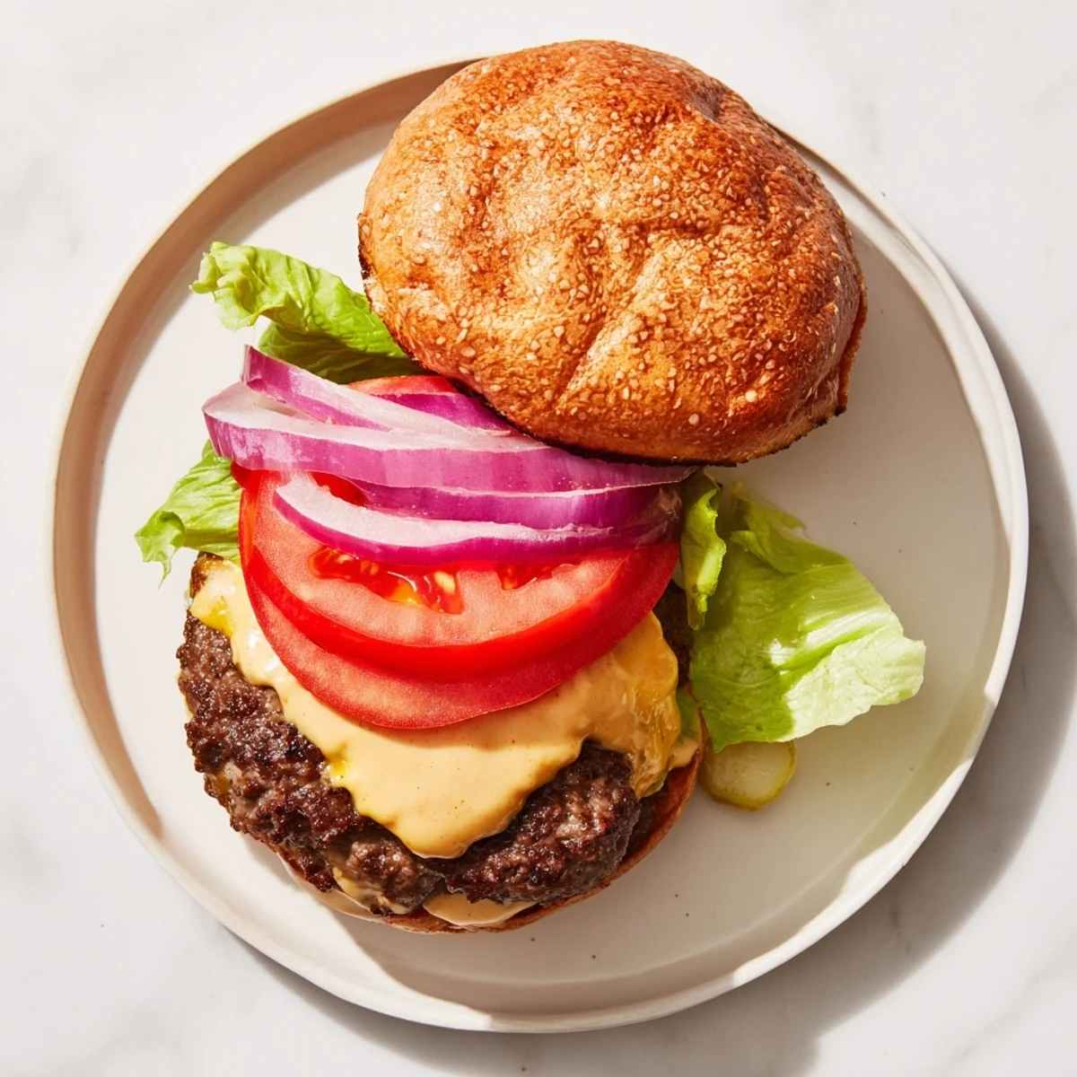 Classic American smash burger featuring crispy beef patty with melted cheese on buttered bun