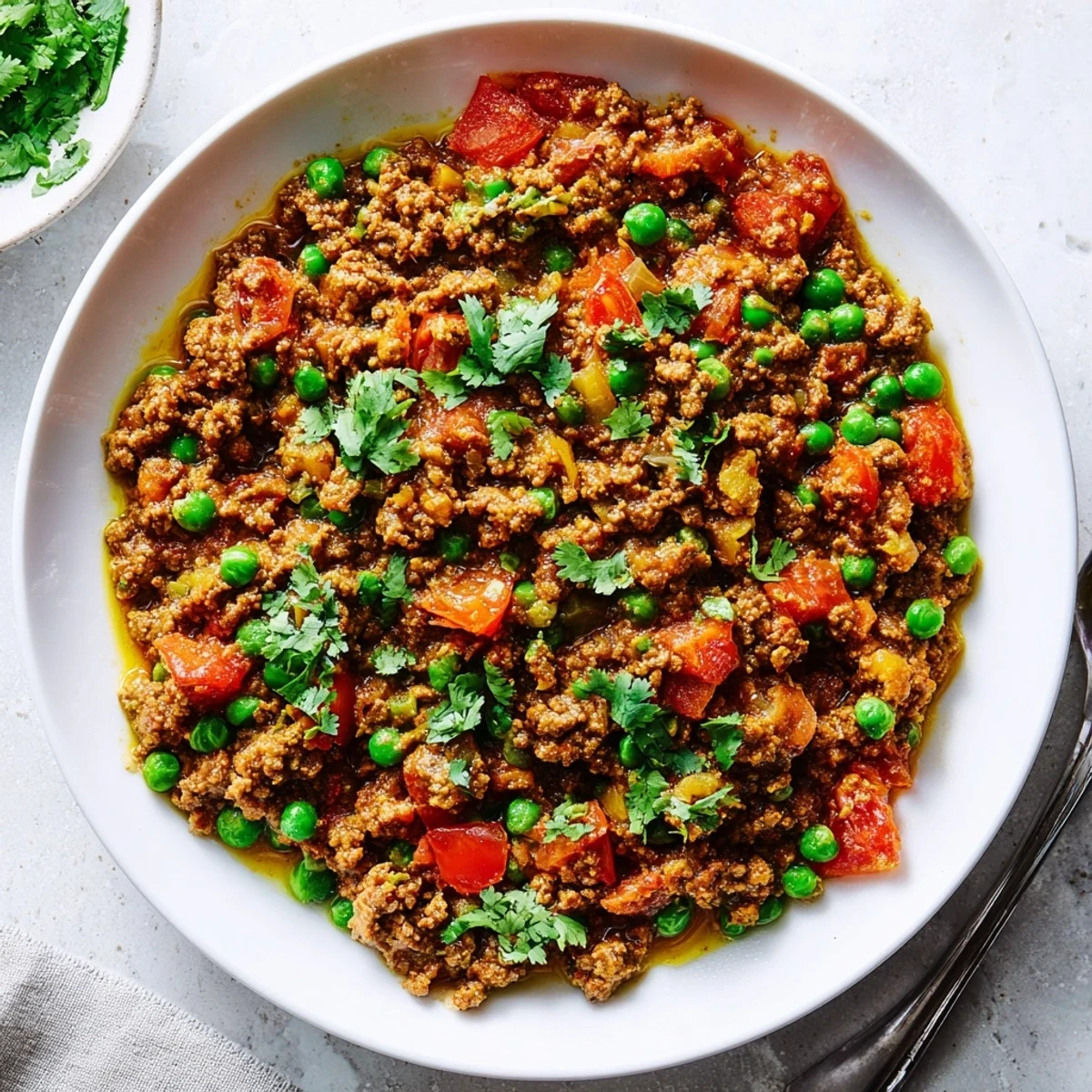Golden Keema Curry with spiced ground beef, tender peas, and fresh cilantro garnish in a white bowl