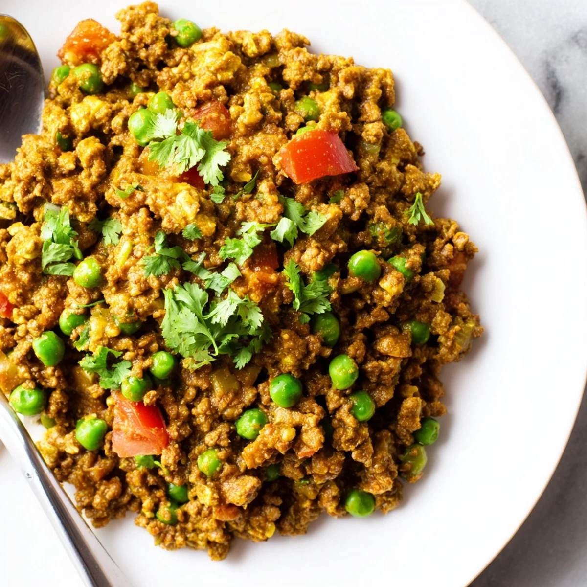 Hearty Indian Keema Curry featuring aromatic ground beef simmered with tomatoes, peas, and fragrant spices