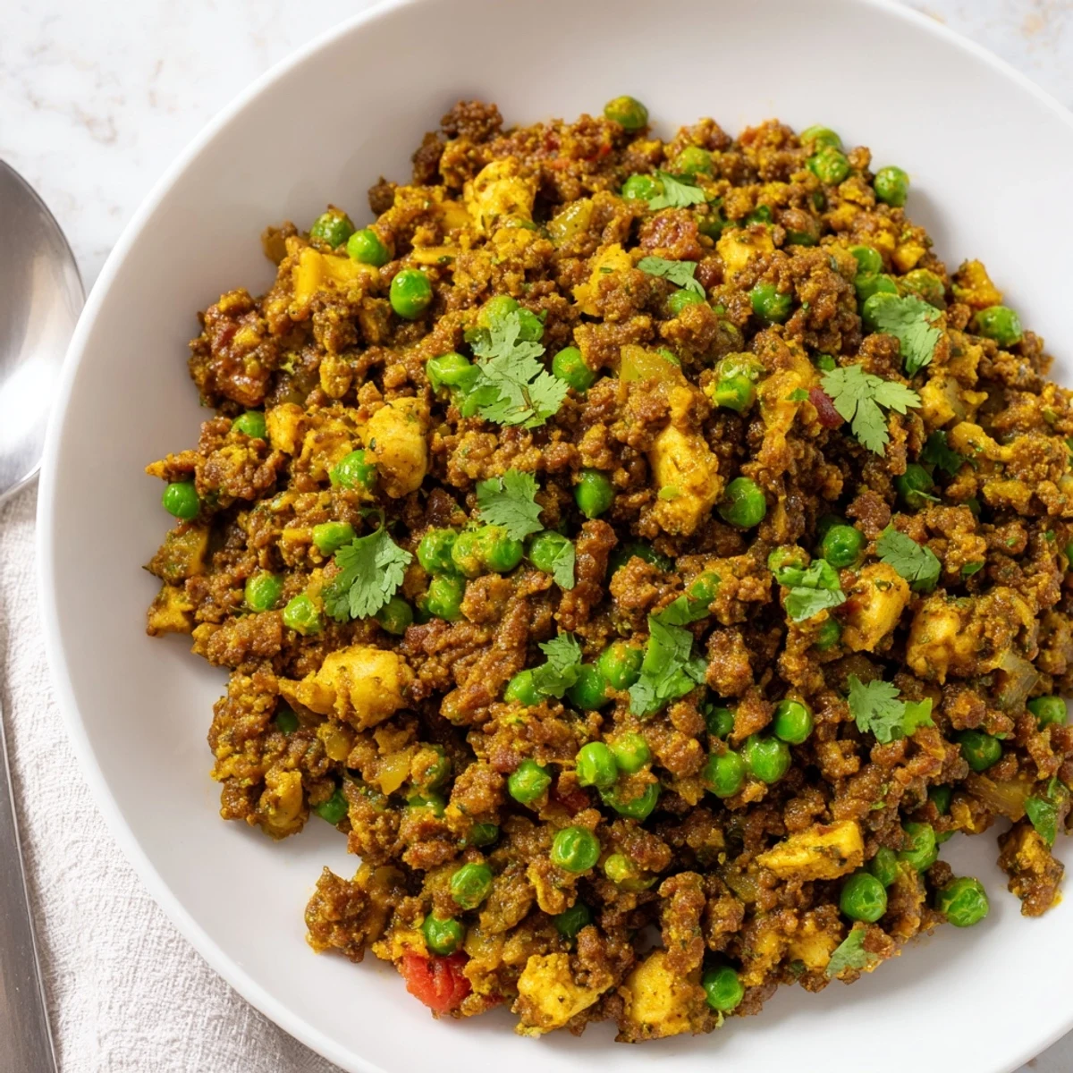 Savory Keema Curry plated with fluffy rice, showcasing rich ground beef in a spiced tomato sauce