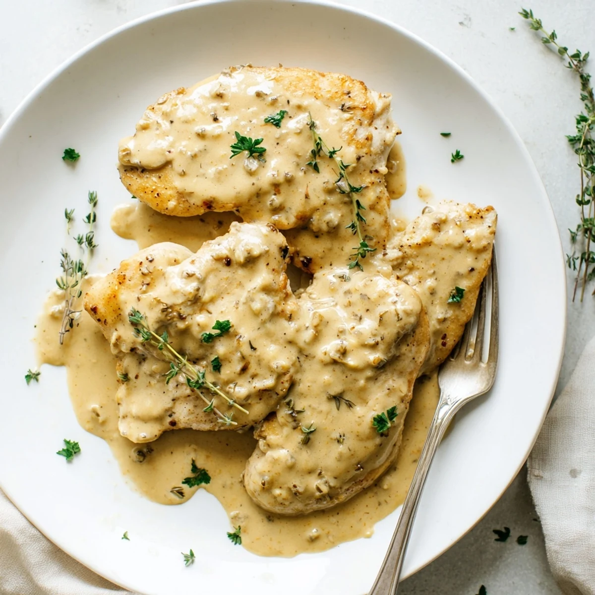 Golden seared chicken breasts nestled in a rich creamy Dijon mustard sauce with fresh parsley garnish