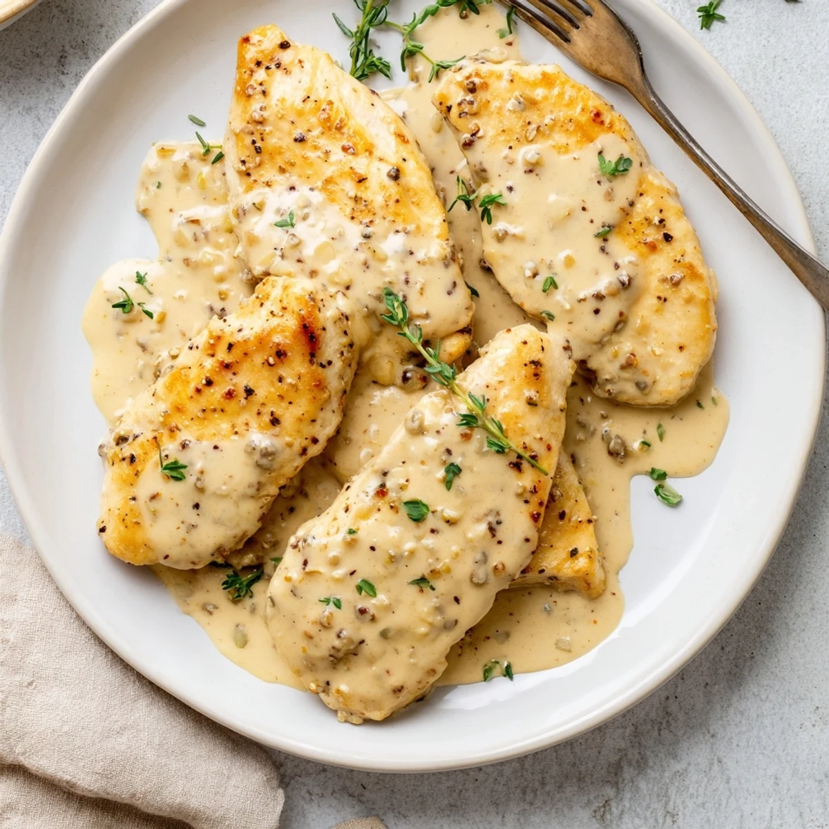 Tender French mustard chicken served on white plate with luscious golden sauce and green thyme sprigs
