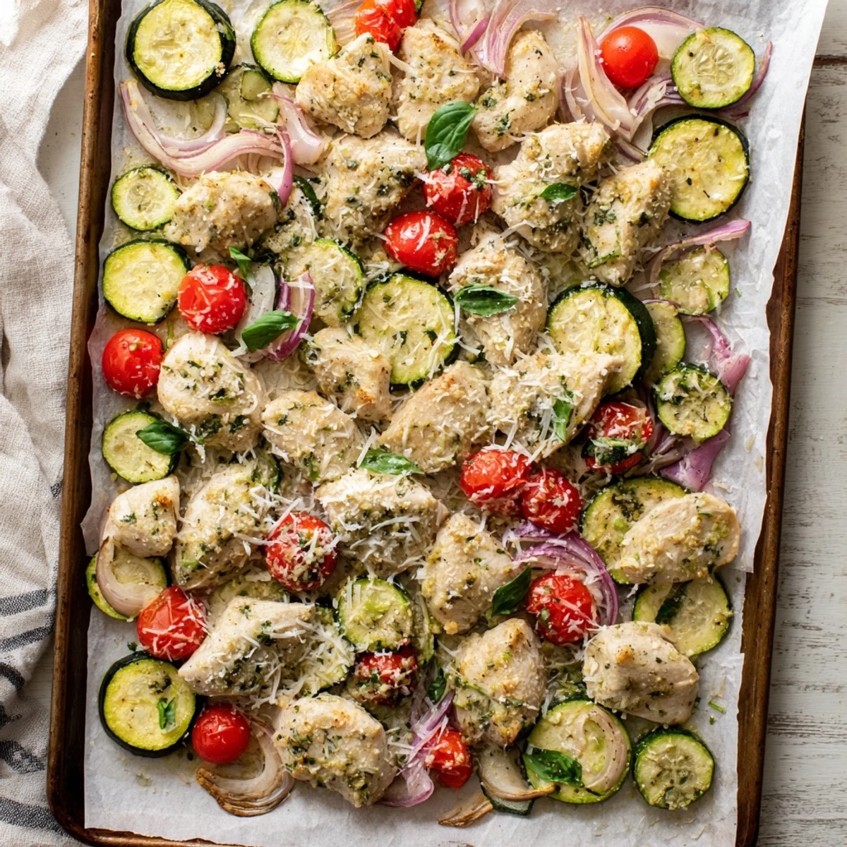 Golden roasted chicken breasts with zucchini and cherry tomatoes on a sheet pan