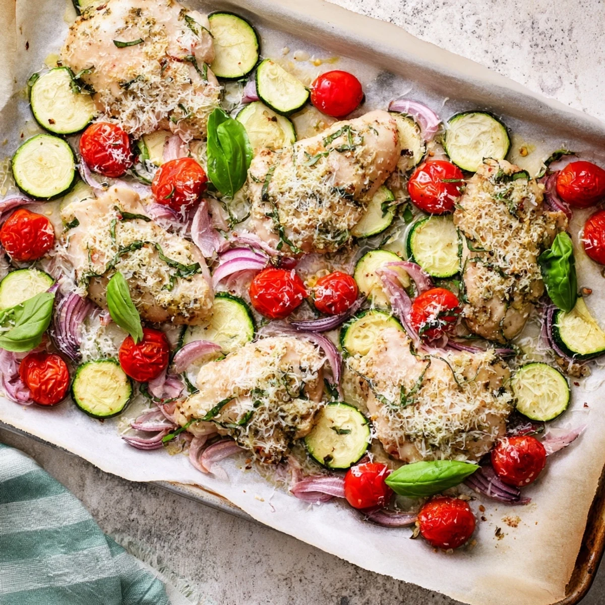 One-pan Italian chicken dinner with tender roasted vegetables and fresh herb garnish