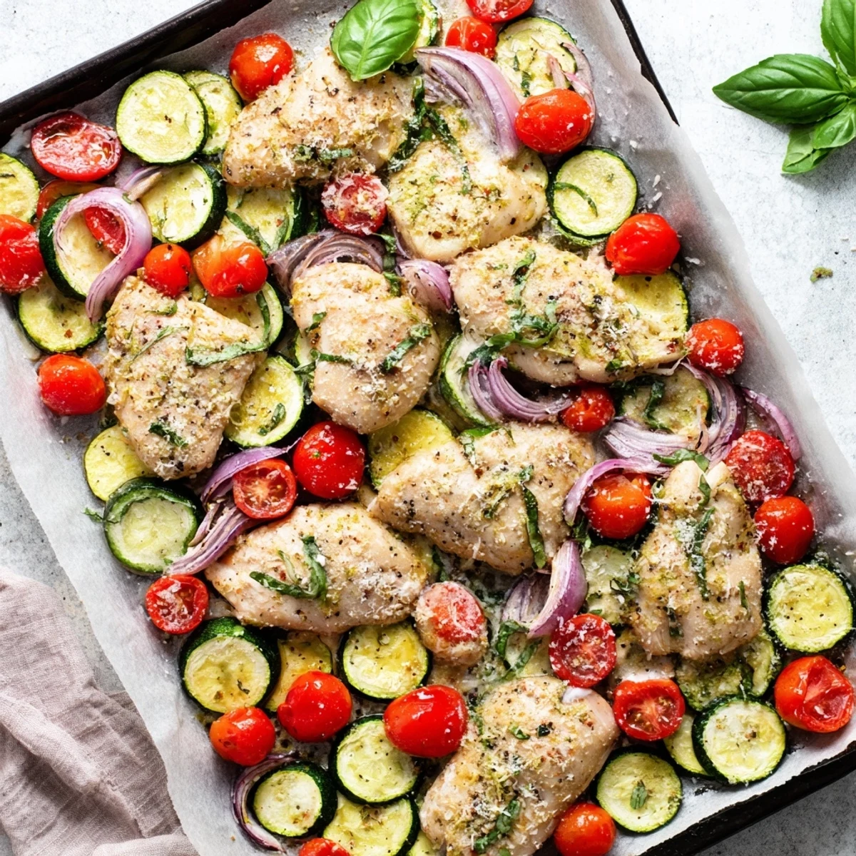 Juicy herb-seasoned chicken with colorful zucchini and tomatoes baked on a baking sheet