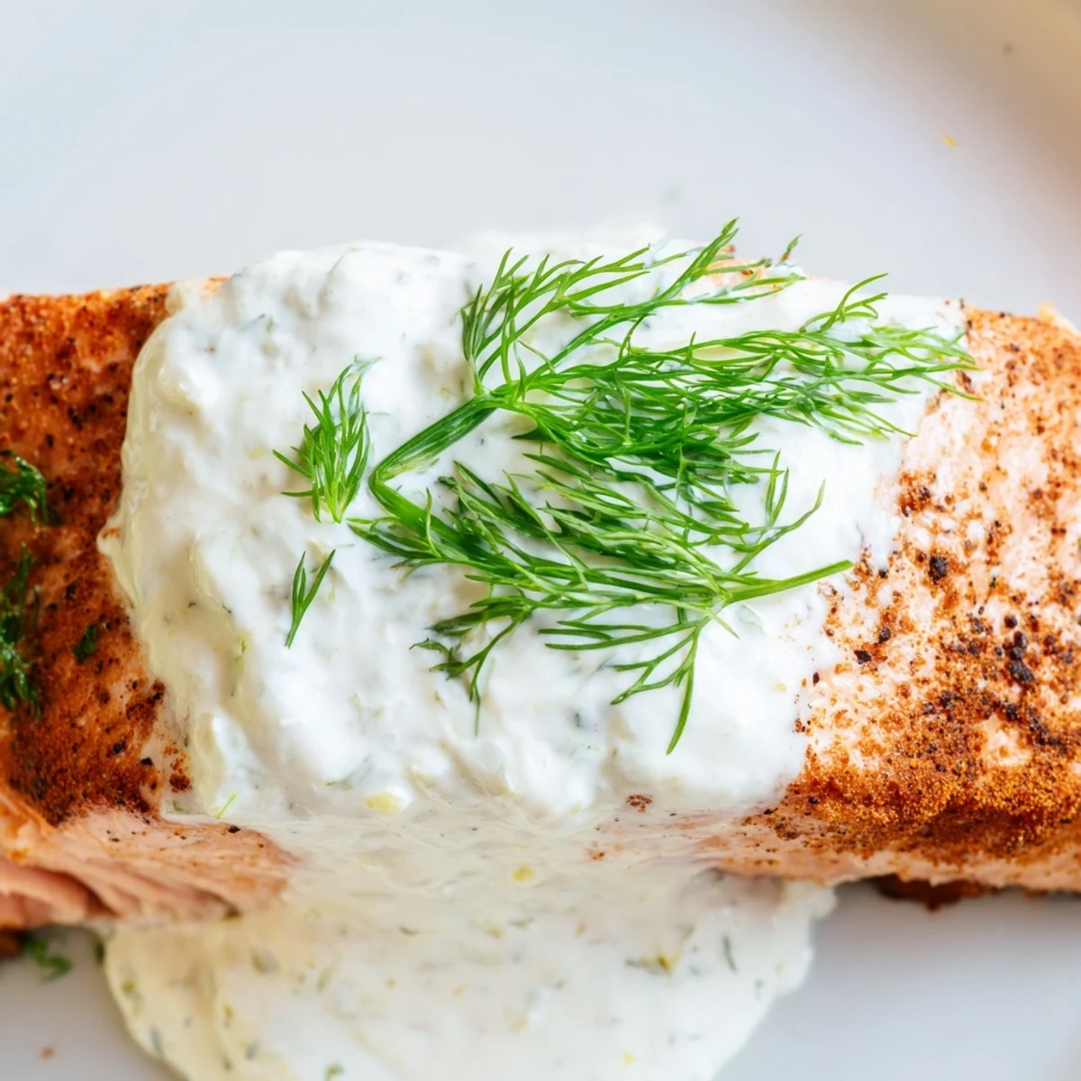 Oven-baked salmon with zesty lemon dill yogurt sauce drizzled over the perfectly cooked pink fish
