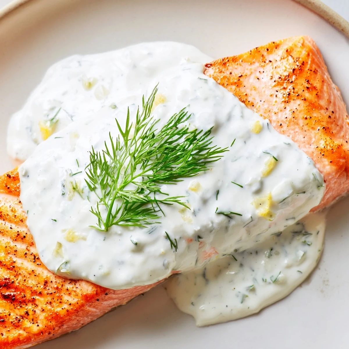 Mediterranean salmon served with refreshing lemon dill yogurt sauce and garnished with fresh lemon wedges