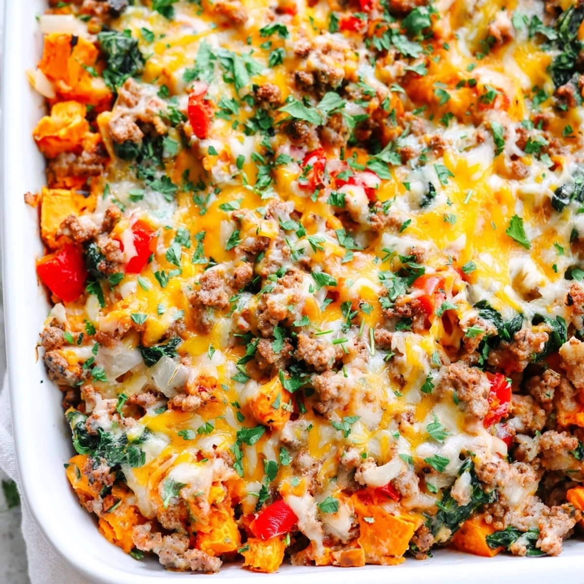 Golden bubbly cheese tops this savory ground turkey sweet potato bake casserole