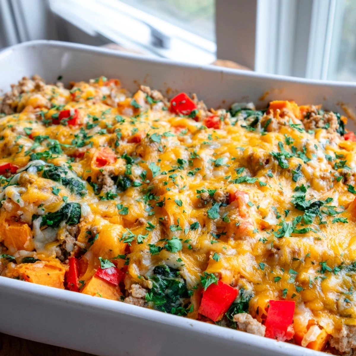 Hearty ground turkey and tender sweet potatoes layered with melted cheddar cheese