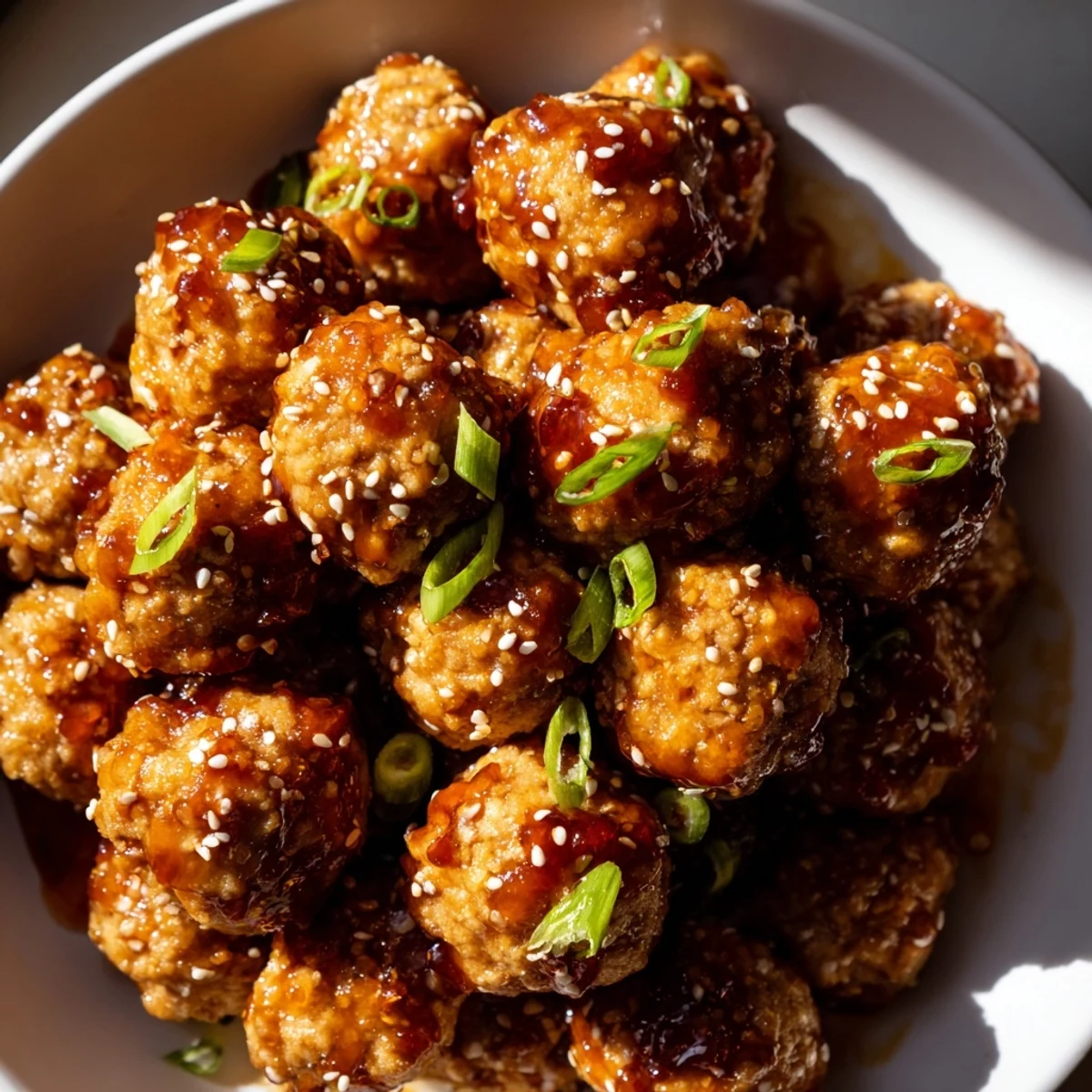 Golden firecracker chicken meatballs glazed in spicy sweet red sauce topped with sesame seeds