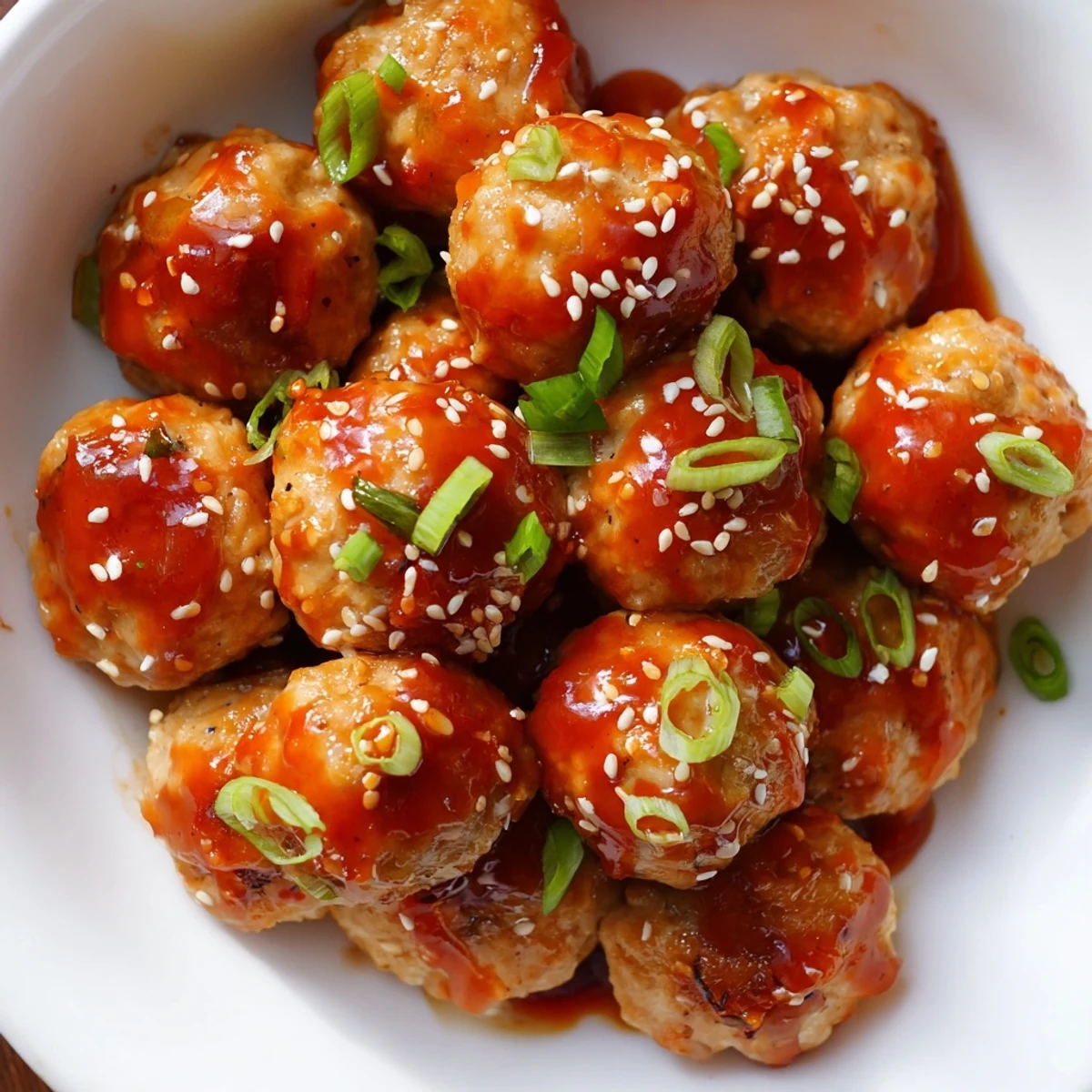 Plate of firecracker chicken meatballs drizzled with spicy buttery sauce and sprinkled with sesame seeds