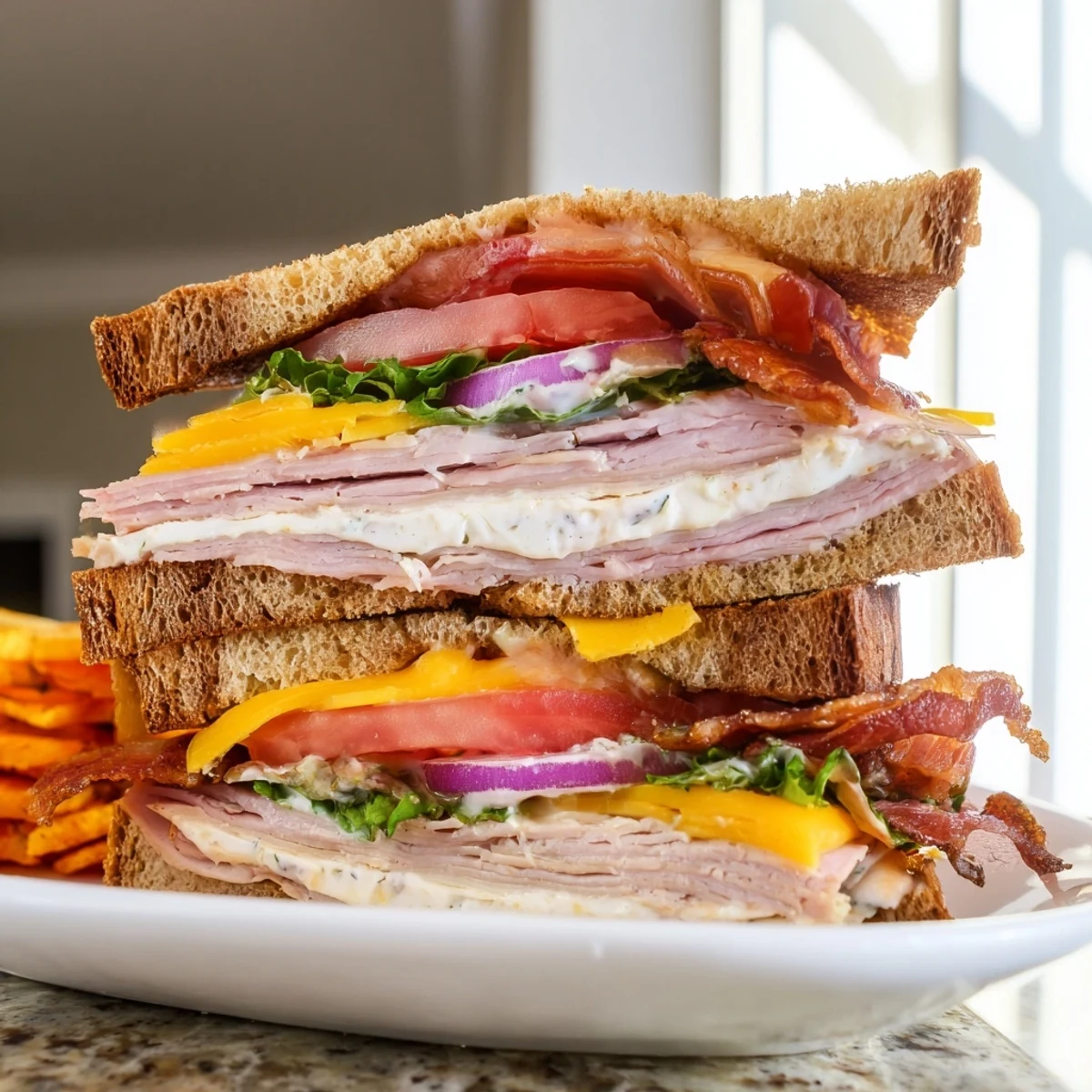 Stacked ultimate turkey beef bacon ranch sandwich with layers of meat and fresh vegetables