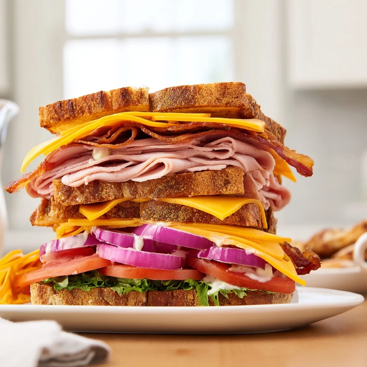 Toasted ultimate turkey beef bacon ranch sandwich sliced open revealing ranch dressed layers