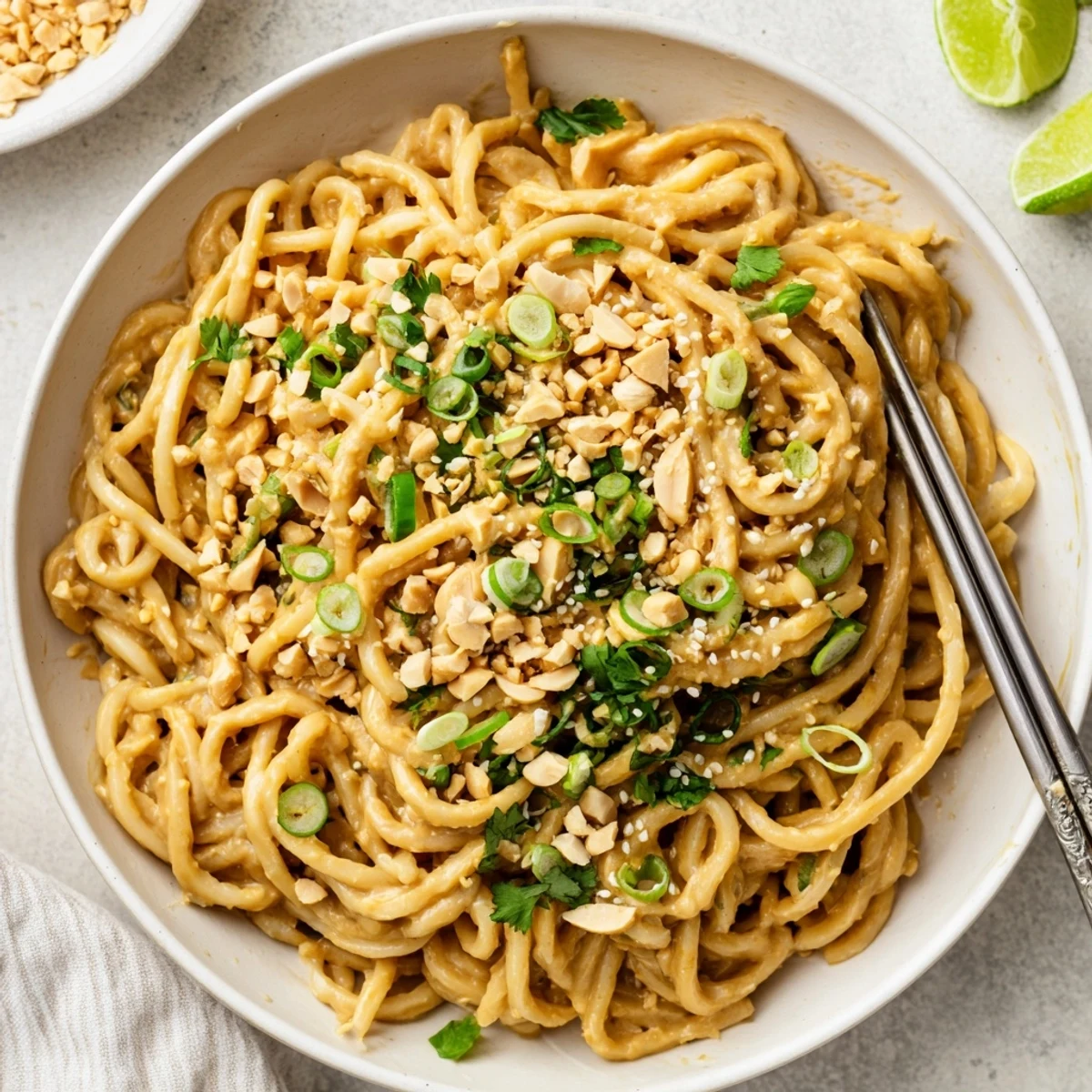 Glossy sticky peanut butter noodles coated in rich creamy sauce topped with chopped peanuts